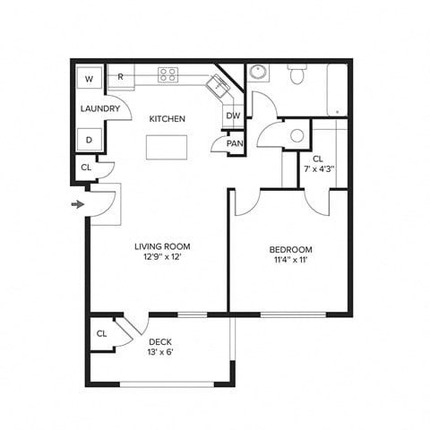 Floor plan for 1 bed, 1 bath, 643 sqft